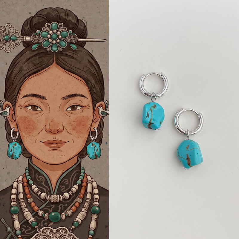 EverestArtStudios Handmade Synthetic Turquoise Protection Tibetan Hoop Earrings