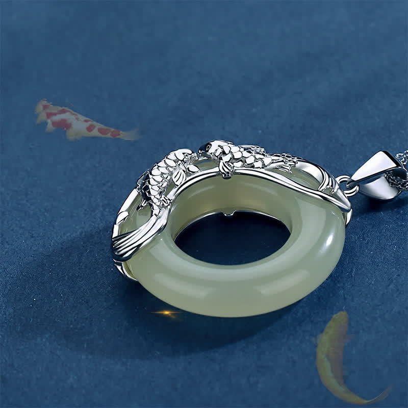 EverestArtstudios Green Hetian Jade Koi Fish Luck Circular Peace Buckle Pendant Necklace