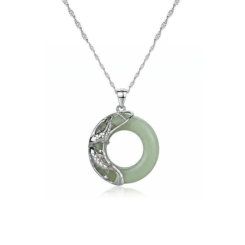 EverestArtstudios Green Hetian Jade Koi Fish Luck Circular Peace Buckle Pendant Necklace