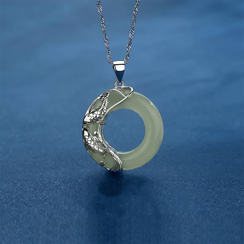 EverestArtstudios Green Hetian Jade Koi Fish Luck Circular Peace Buckle Pendant Necklace