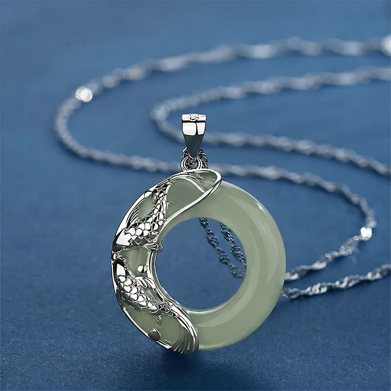 EverestArtstudios Green Hetian Jade Koi Fish Luck Circular Peace Buckle Pendant Necklace