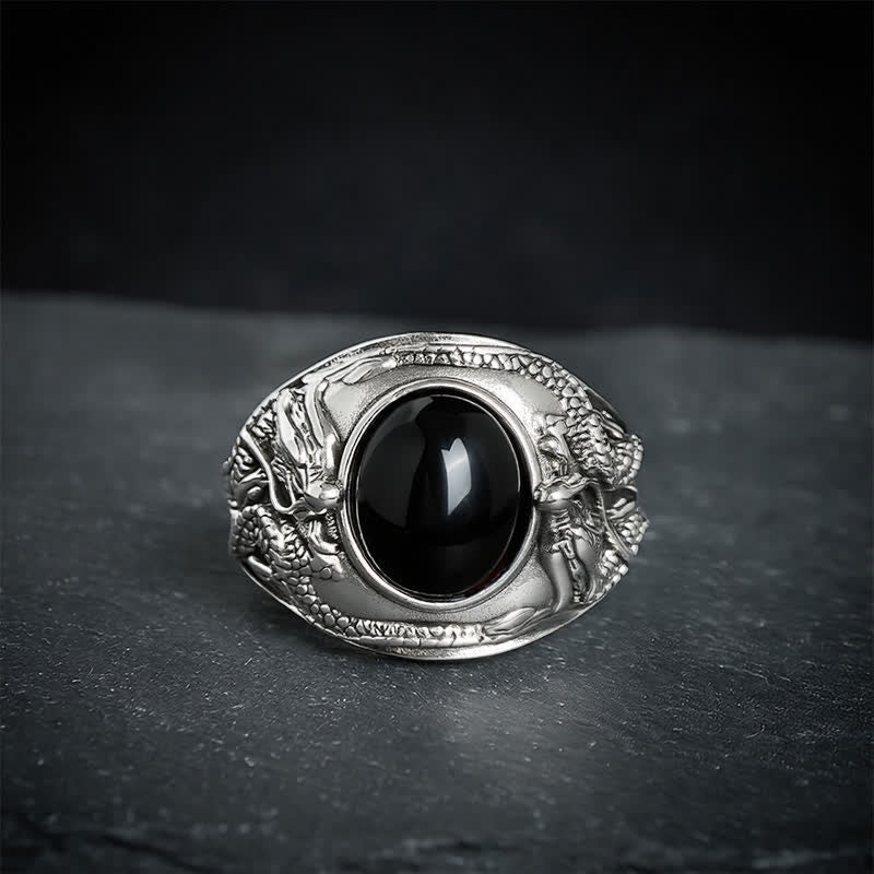 Buddha Stones Black Obsidian Dragon Purification Open Ring
