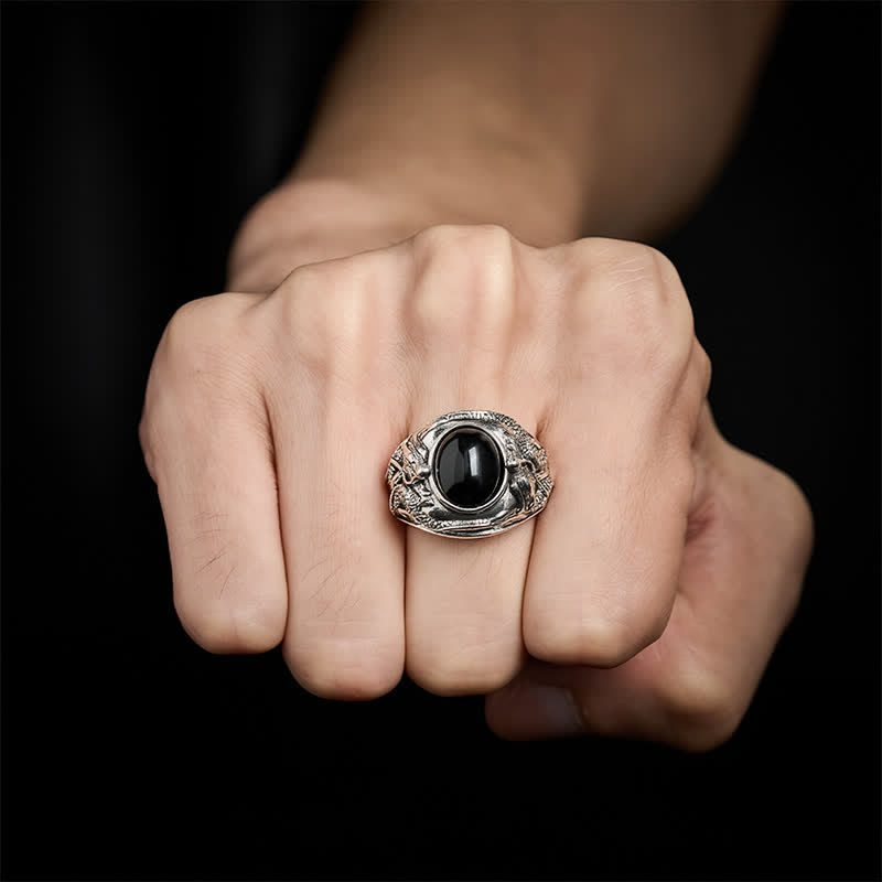 Buddha Stones Black Obsidian Dragon Purification Open Ring