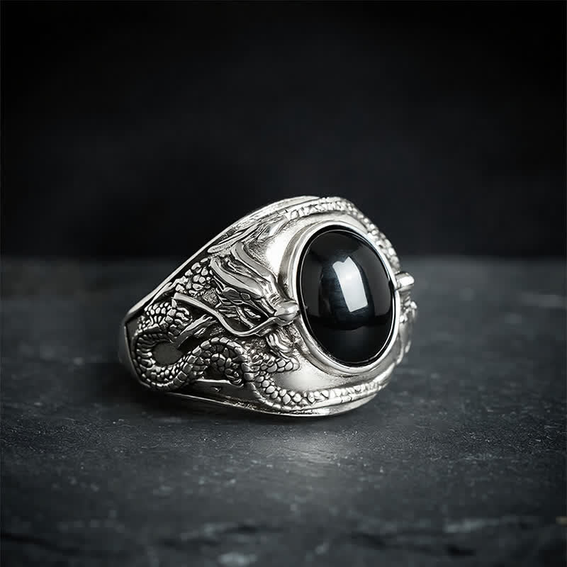 Buddha Stones Black Obsidian Dragon Purification Open Ring