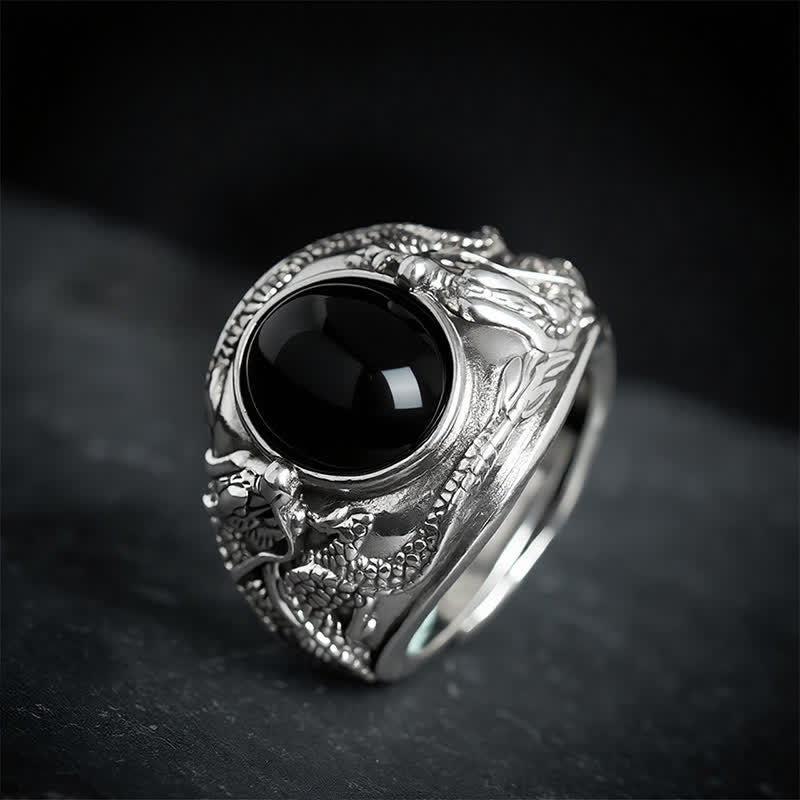 Buddha Stones Black Obsidian Dragon Purification Open Ring