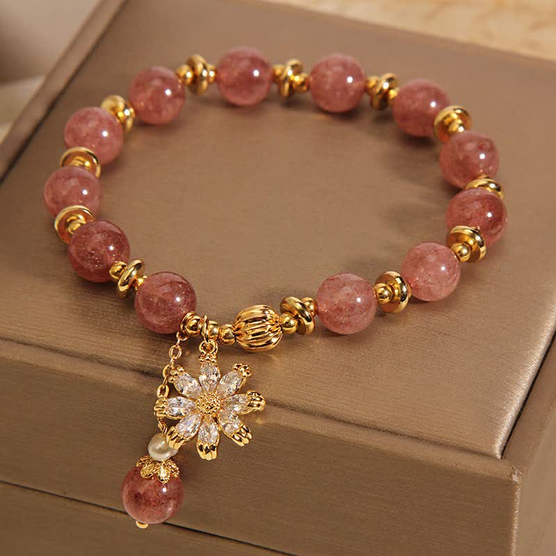 Buddha Stones Strawberry Quartz Pearl Daisy Love Bracelet