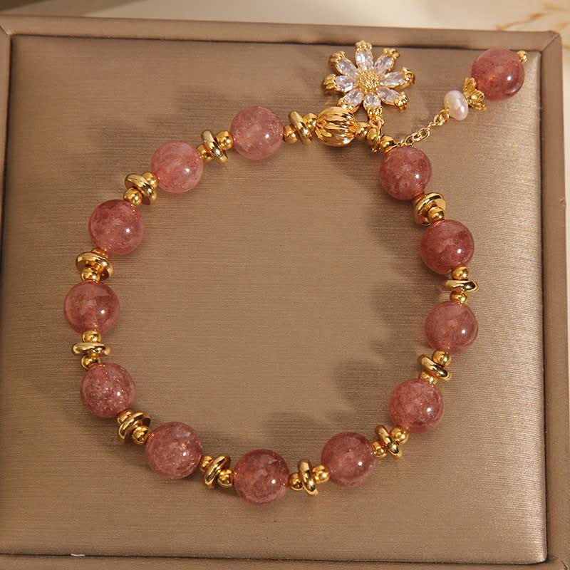Buddha Stones Strawberry Quartz Pearl Daisy Love Bracelet