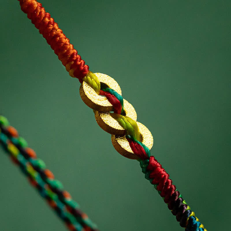 Buddha Stones Copper Coins Hand-Woven Red Multicolor String Luck Bracelet