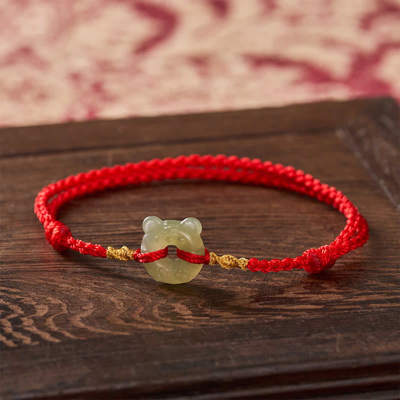 Buddha Stones Jade Tiger-head Peace Buckle Red String Prosperity Bracelet
