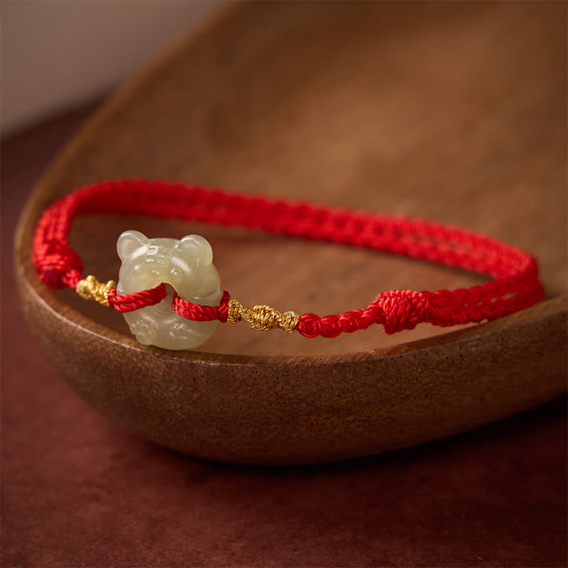 EverestArtstudios Jade Tiger-head Peace Buckle Red String Prosperity Bracelet