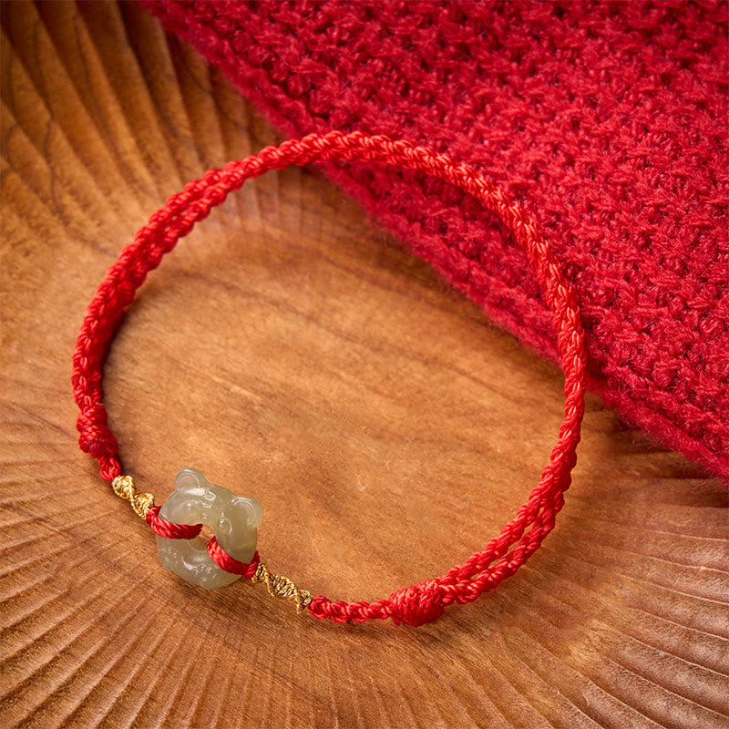 EverestArtstudios Jade Tiger-head Peace Buckle Red String Prosperity Bracelet