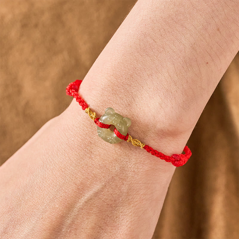 Buddha Stones Jade Tiger-head Peace Buckle Red String Prosperity Bracelet