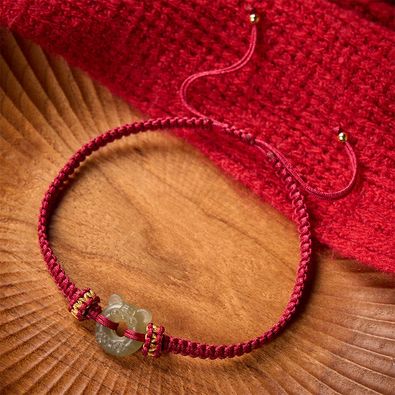 Buddha Stones Jade Tiger Head Design Peace Buckle Grounding Red String Braided Bracelet