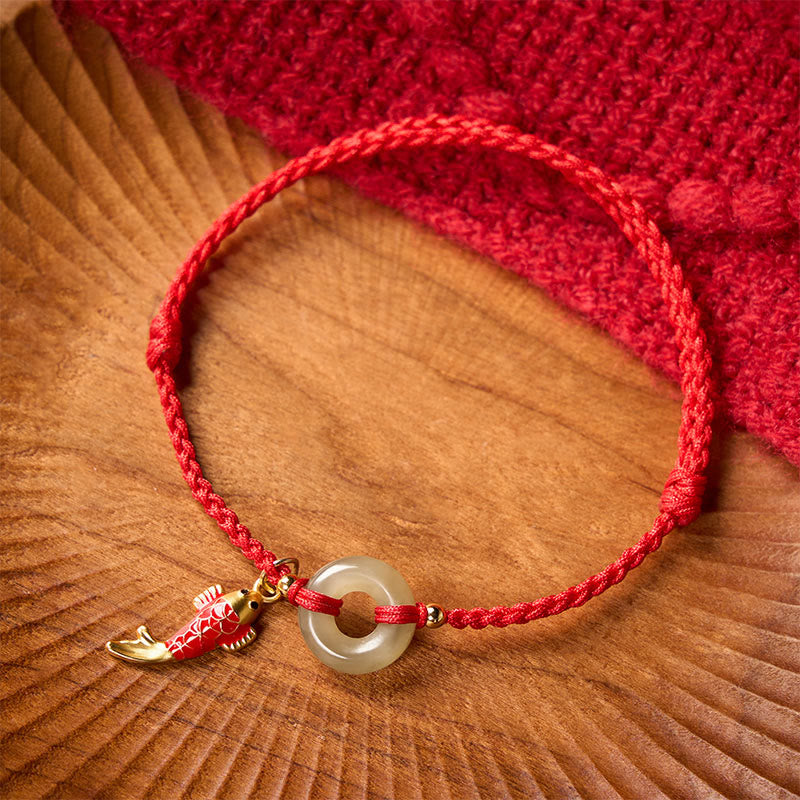 Buddha Stones Koi Fish Charm Peace Buckle Jade Red String Protection Bracelet