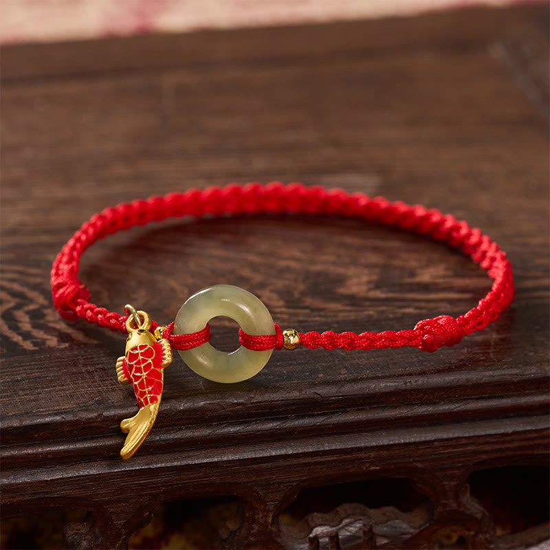 EverestArtstudios Koi Fish Charm Peace Buckle Jade Red String Protection Bracelet