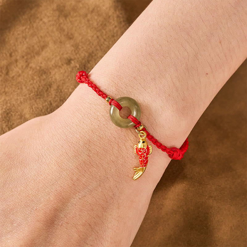 EverestArtstudios Koi Fish Charm Peace Buckle Jade Red String Protection Bracelet