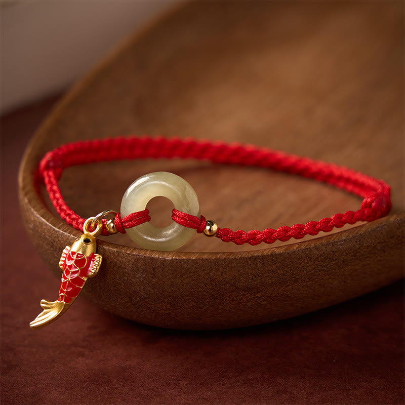 Buddha Stones Koi Fish Charm Peace Buckle Jade Red String Protection Bracelet