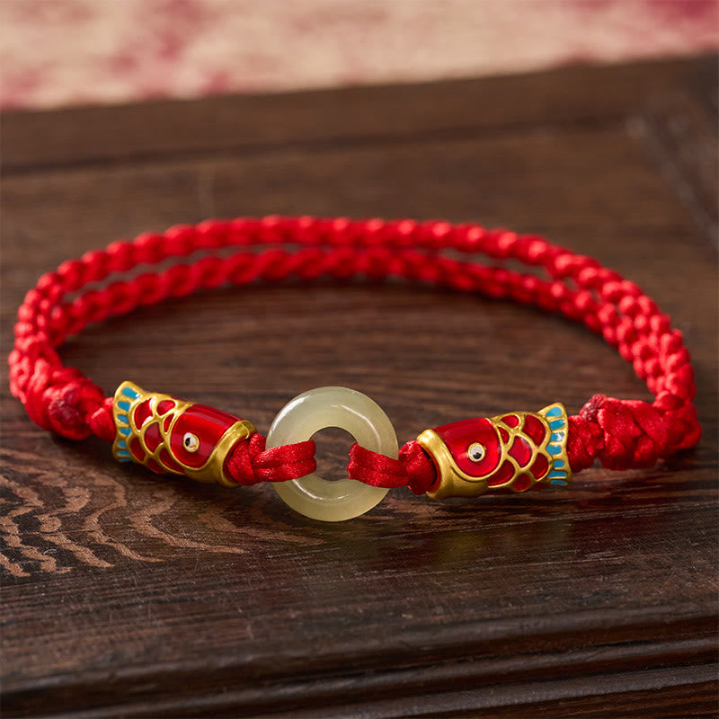 Buddha Stones Hetian Jade Peace Buckle Double Koi Fish Red String Prosperity Bracelet