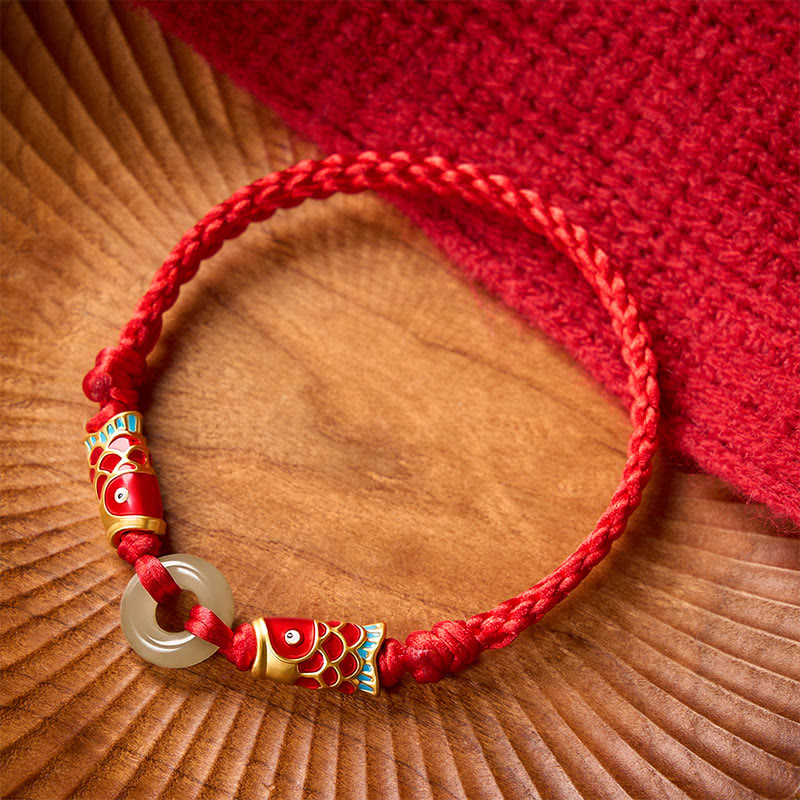 Buddha Stones Hetian Jade Peace Buckle Double Koi Fish Red String Prosperity Bracelet