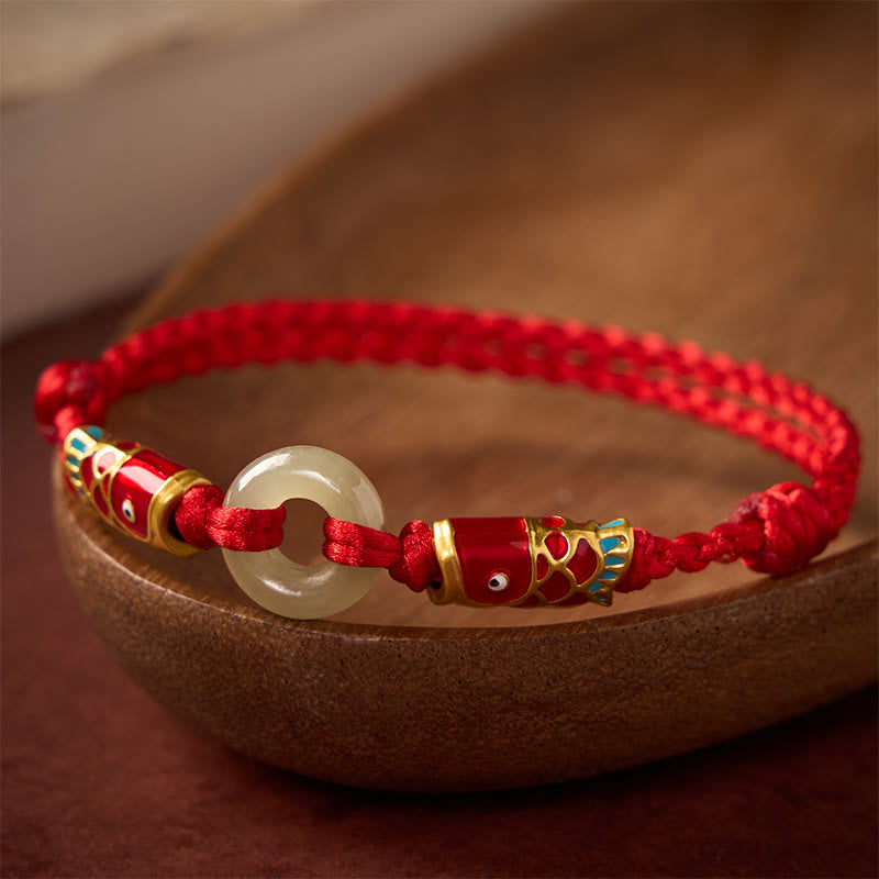 Buddha Stones Hetian Jade Peace Buckle Double Koi Fish Red String Prosperity Bracelet