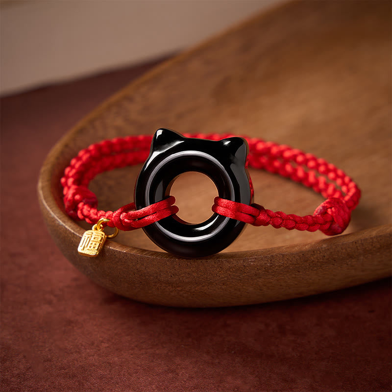 Buddha Stones Black Obsidian Cat Design Peace Buckle Fu Character Red String Protection Braided Bracelet