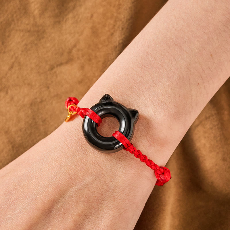 Buddha Stones Black Obsidian Cat Design Peace Buckle Fu Character Red String Protection Braided Bracelet