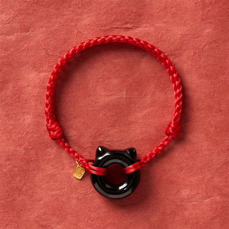 Buddha Stones Black Obsidian Cat Design Peace Buckle Fu Character Red String Protection Braided Bracelet