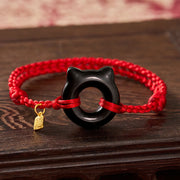 Buddha Stones Black Obsidian Cat Design Peace Buckle Fu Character Red String Protection Braided Bracelet
