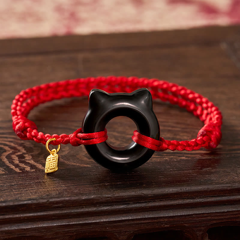 Buddha Stones Black Obsidian Cat Design Peace Buckle Fu Character Red String Protection Braided Bracelet