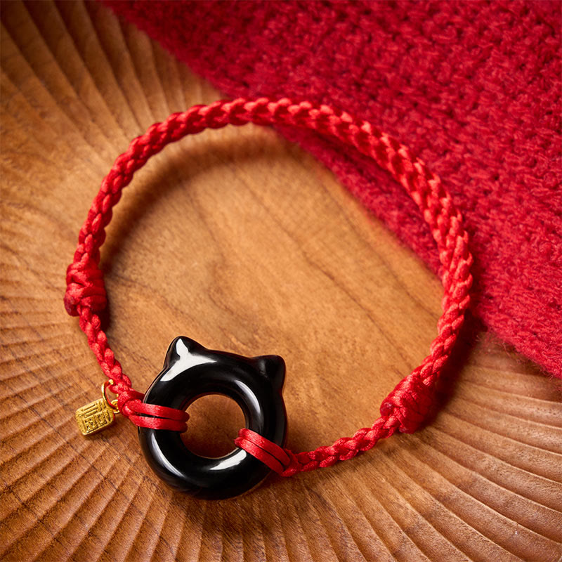 Buddha Stones Black Obsidian Cat Design Peace Buckle Fu Character Red String Protection Braided Bracelet