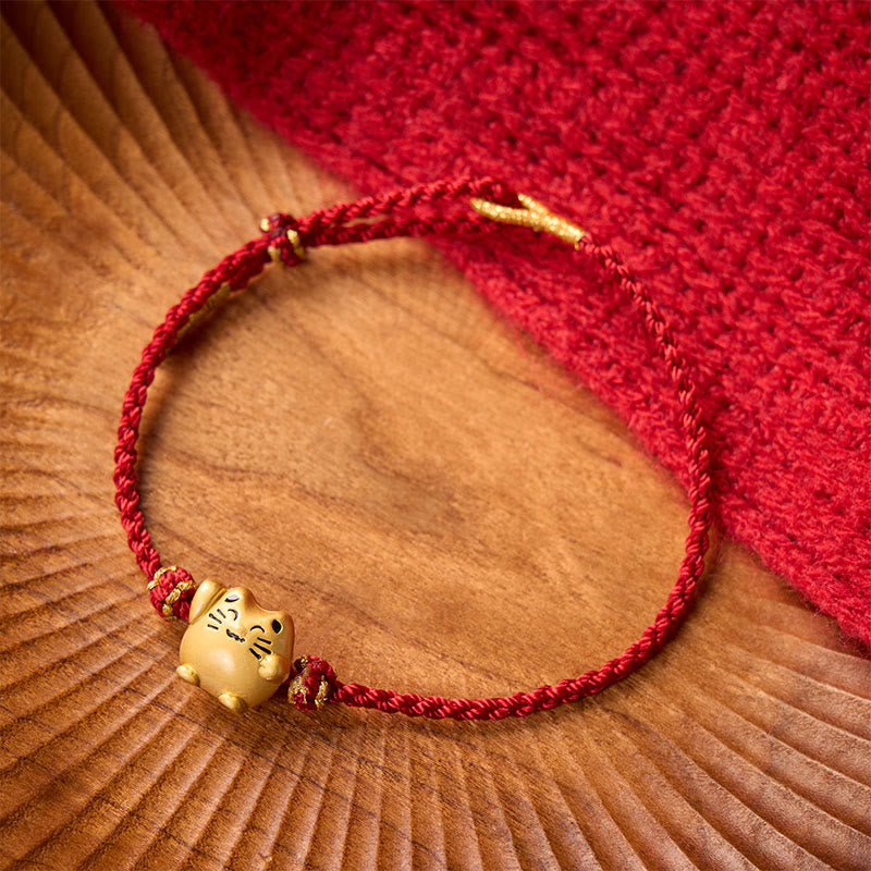 Buddha Stones Red String Copper Lucky Cat Protection Energy Bracelet