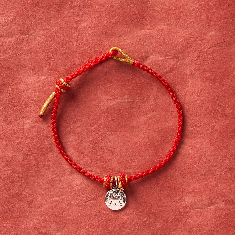 Buddha Stones 925 Sterling Silver Kitten Eating Fish Round Pendant Prosperity Red Black String Braided Bracelet