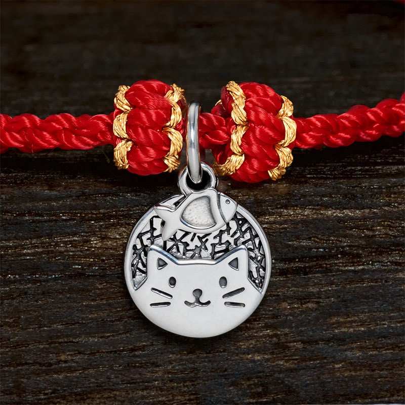 Buddha Stones 925 Sterling Silver Kitten Eating Fish Round Pendant Prosperity Red Black String Braided Bracelet