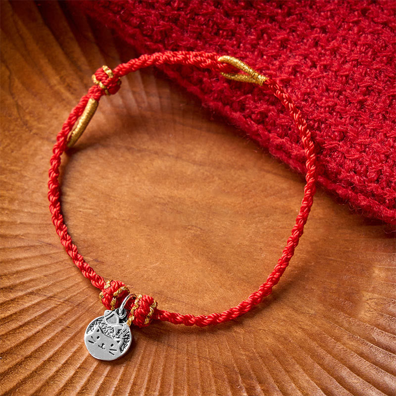Buddha Stones 925 Sterling Silver Kitten Eating Fish Round Pendant Prosperity Red Black String Braided Bracelet
