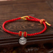 Buddha Stones 925 Sterling Silver Kitten Eating Fish Round Pendant Prosperity Red Black String Braided Bracelet