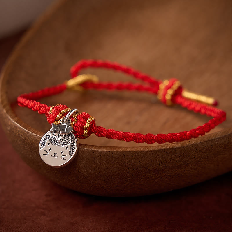 Buddha Stones 925 Sterling Silver Kitten Eating Fish Round Pendant Prosperity Red Black String Braided Bracelet