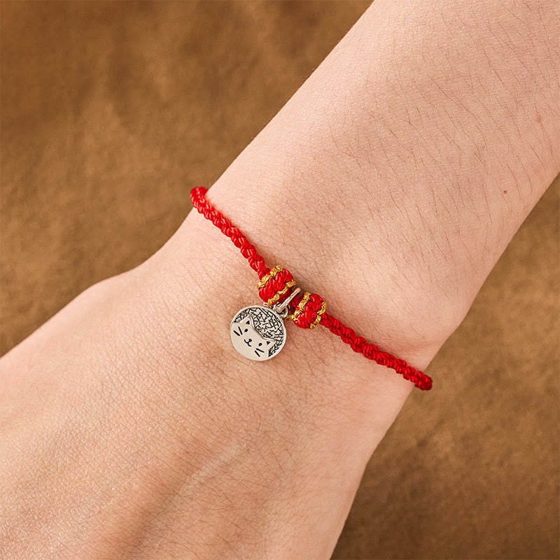 Buddha Stones 925 Sterling Silver Kitten Eating Fish Round Pendant Prosperity Red Black String Braided Bracelet