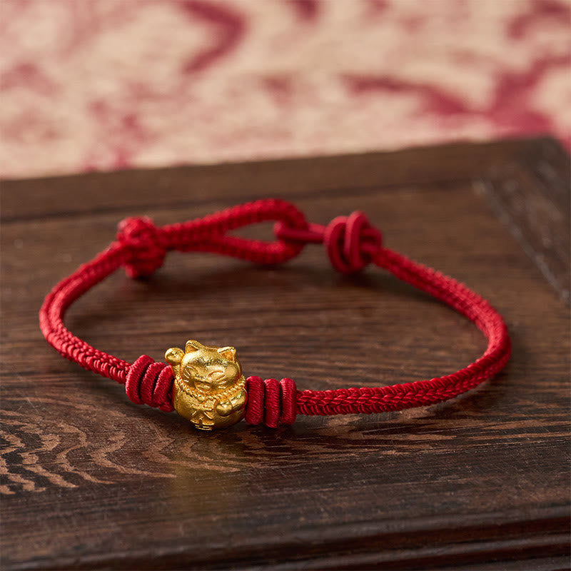 Buddha Stones Hand-Woven Red String Copper Lucky Cat Blessing Adjustable Bracelet
