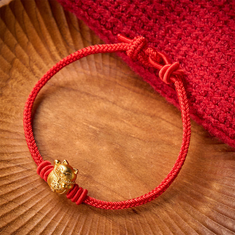 Buddha Stones Hand-Woven Red String Copper Lucky Cat Blessing Adjustable Bracelet