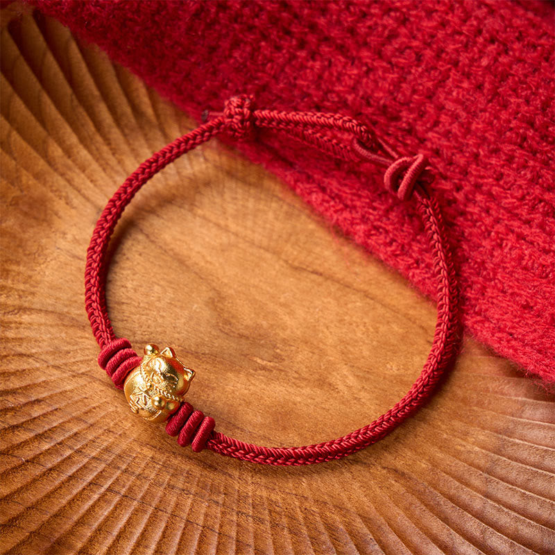 Buddha Stones Hand-Woven Red String Copper Lucky Cat Blessing Adjustable Bracelet