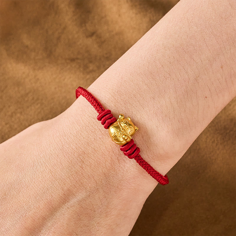 Buddha Stones Hand-Woven Red String Copper Lucky Cat Blessing Adjustable Bracelet