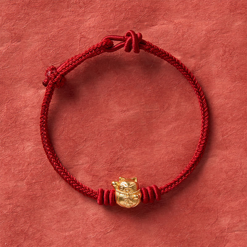 Buddha Stones Hand-Woven Red String Copper Lucky Cat Blessing Adjustable Bracelet