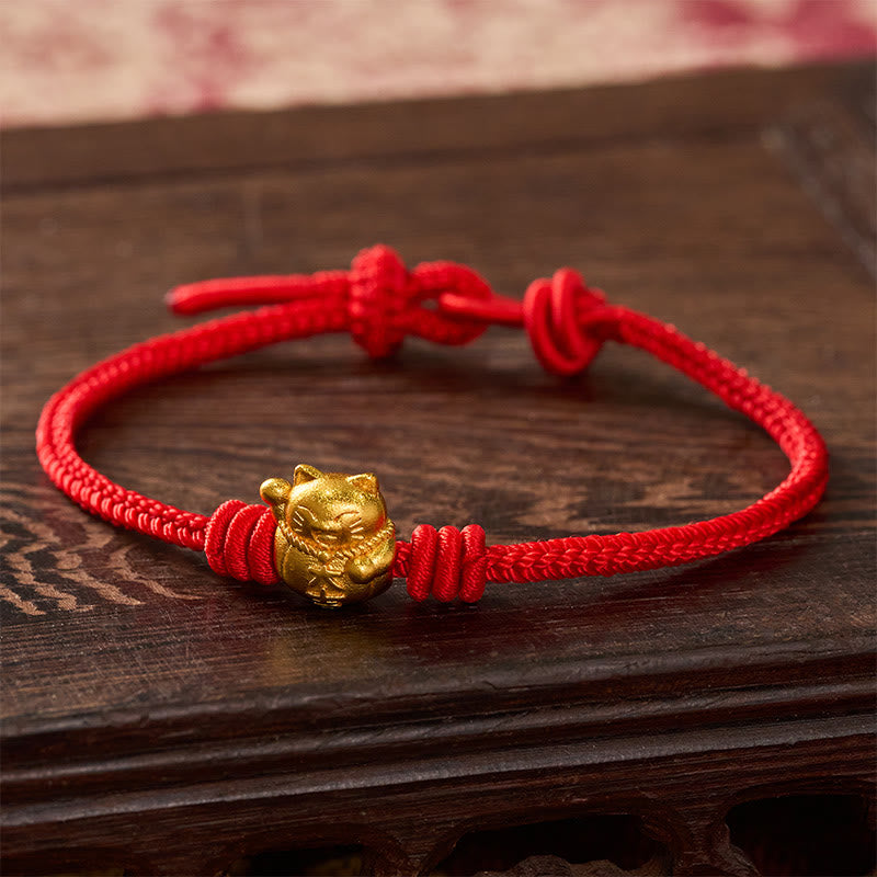 Buddha Stones Hand-Woven Red String Copper Lucky Cat Blessing Adjustable Bracelet