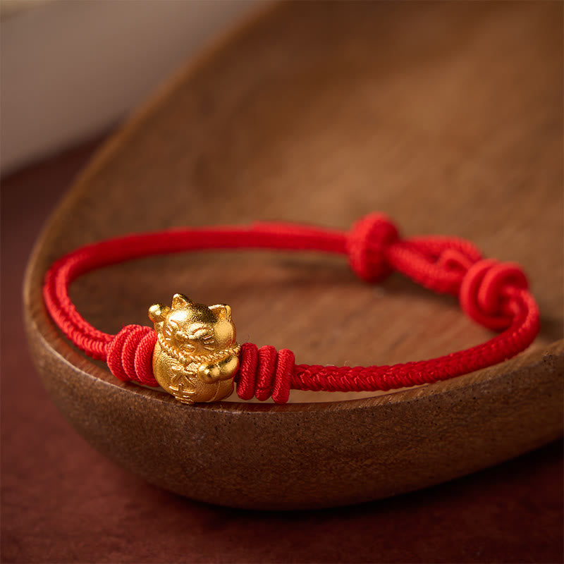 Buddha Stones Hand-Woven Red String Copper Lucky Cat Blessing Adjustable Bracelet