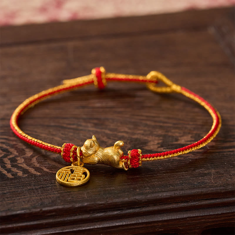 Buddha Stones Lying-Down Cat Fu Character Copper Red String Hand-Woven Prosperity Bracelet