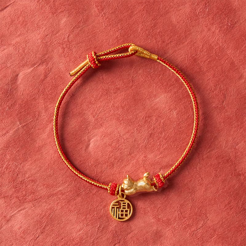 Buddha Stones Lying-Down Cat Fu Character Copper Red String Hand-Woven Prosperity Bracelet