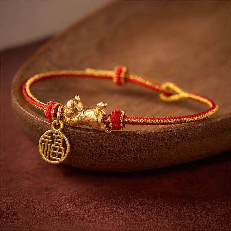 Buddha Stones Lying-Down Cat Fu Character Copper Red String Hand-Woven Prosperity Bracelet