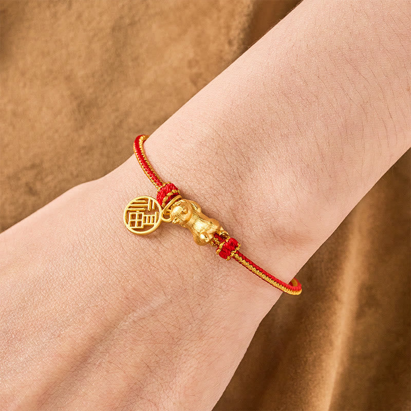 Buddha Stones Lying-Down Cat Fu Character Copper Red String Hand-Woven Prosperity Bracelet