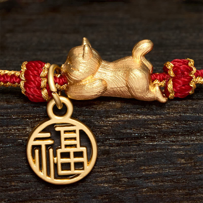 Buddha Stones Lying-Down Cat Fu Character Copper Red String Hand-Woven Prosperity Bracelet