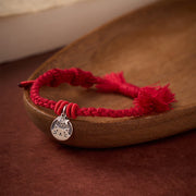 Buddha Stones 925 Sterling Silver Cute Cat Fish Protection Tibet Red String Adjustable Bracelet